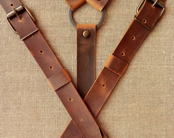 Leather suspenders Party accessories Suspenders with ring Rustic (Dark cognac) width 1" Gifts For Men Wedding Braces For Grooms Real leather