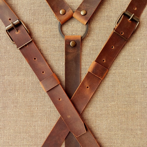 Leather suspenders Party accessories Suspenders with ring Rustic (Dark cognac) width 1" Gifts For Men Wedding Braces For Grooms Real leather