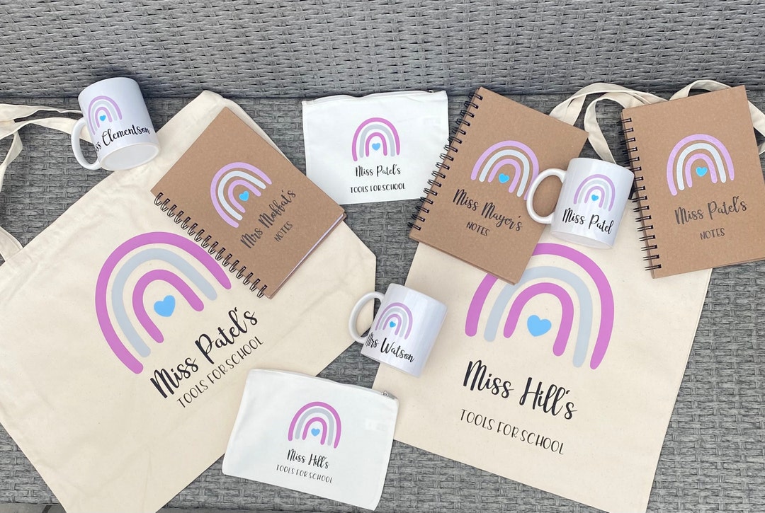 Personalised Rainbow Teacher Gift Notebook Pencil Case Mug End of Year ...