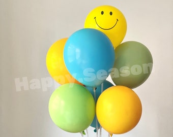 Yellow Blue Green Double Layer Happy Birthday Set Balloons For Birthday Party, Yellow Smile Face Balloon, Summer Green Balloons