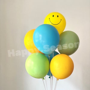 Gelb Blau Grün Doppelschicht Happy Birthday Set Luftballons für GeburtstagSparty, Gelbes Lächeln Gesicht Ballon, Sommer grüne Luftballons