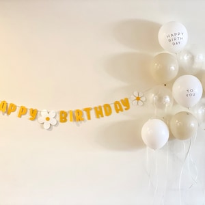 Felt Happy Birthday Flower Banner With White Sand Color Balloons, Reusable Yellow Felt Birthday Banner, Girls Kids Birthday party decoration