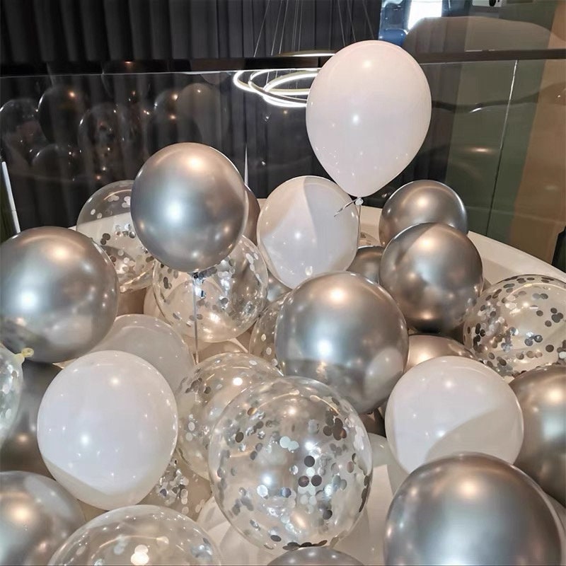 Conjunto de balões prateados brancos de 30 peças - balões de festa de aniversário, festa de casamento, chá de panela, despedida de solteiro e formatura, balões de dança de festa