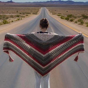Crocheted Heather Gray, Red and Crème Multi Colored Triangular Shawl