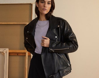 Oversized Biker Jacket, Leather Biker Jacket, Oversized Jacket, Gift for Her