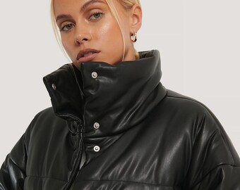 Black Leather Padded Jacket, Leather Puffer Jacket, Puffer Jacket, Winter Jacket