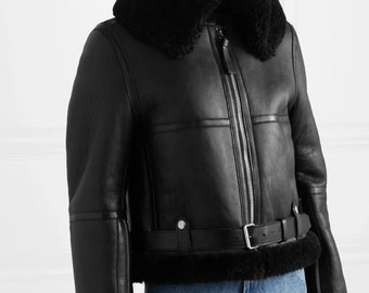 Aviator Cropped Shearling Leather Jacket, Cropped Leather Jacket, Leather Jacket