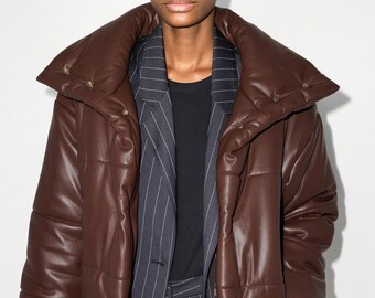 Brown Leather Puffer Jacket, Puffer Leather Jacket, Puffer Jacket, Winter Jacket