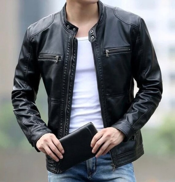 Mens Leather Racer Jacket Leather Racer Jacket Genuine Etsy