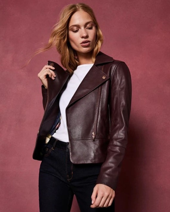 Purple Leather Moto Jacket Short Purple 