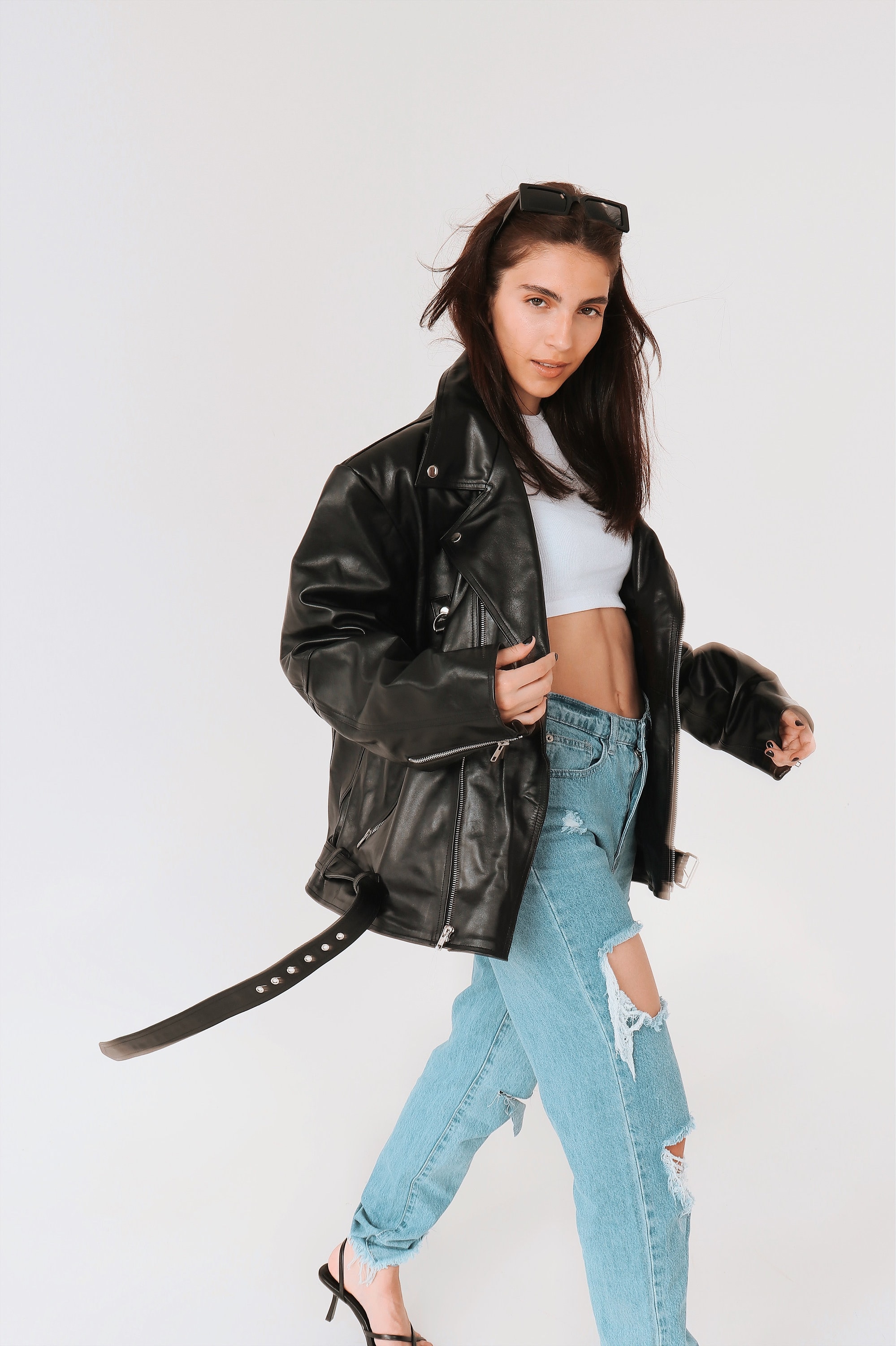 Oversized Boyfriend Leather Jacket Black Biker Style Coat XFLWAM
