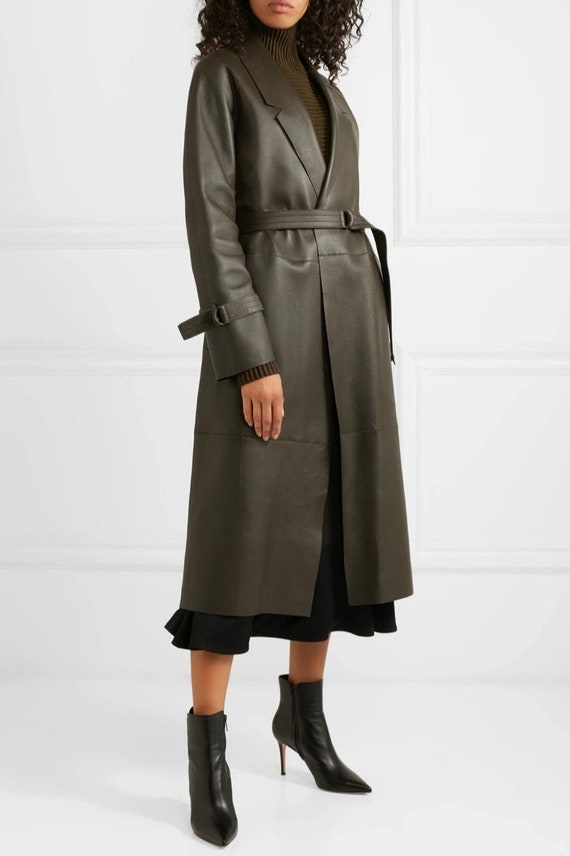Olive Green Leather Coat Leather Coat Coat Gift for Her | Etsy UK