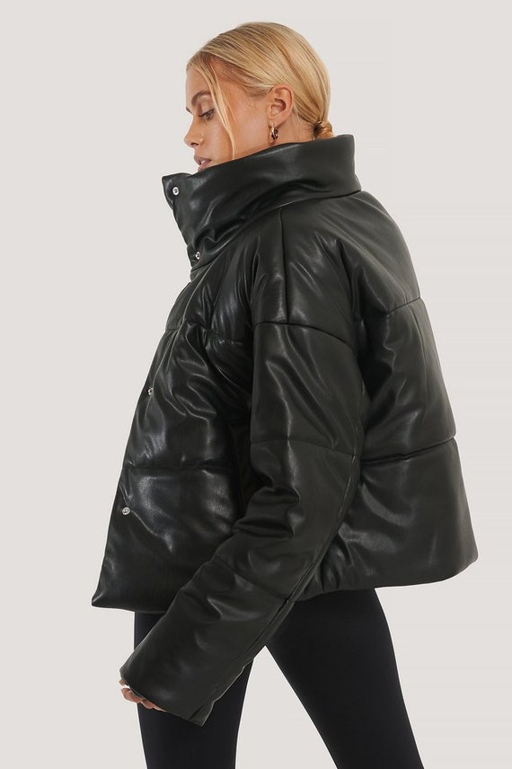 Chaqueta acolchada de cuero negro chaqueta de cuero puffer | Etsy México