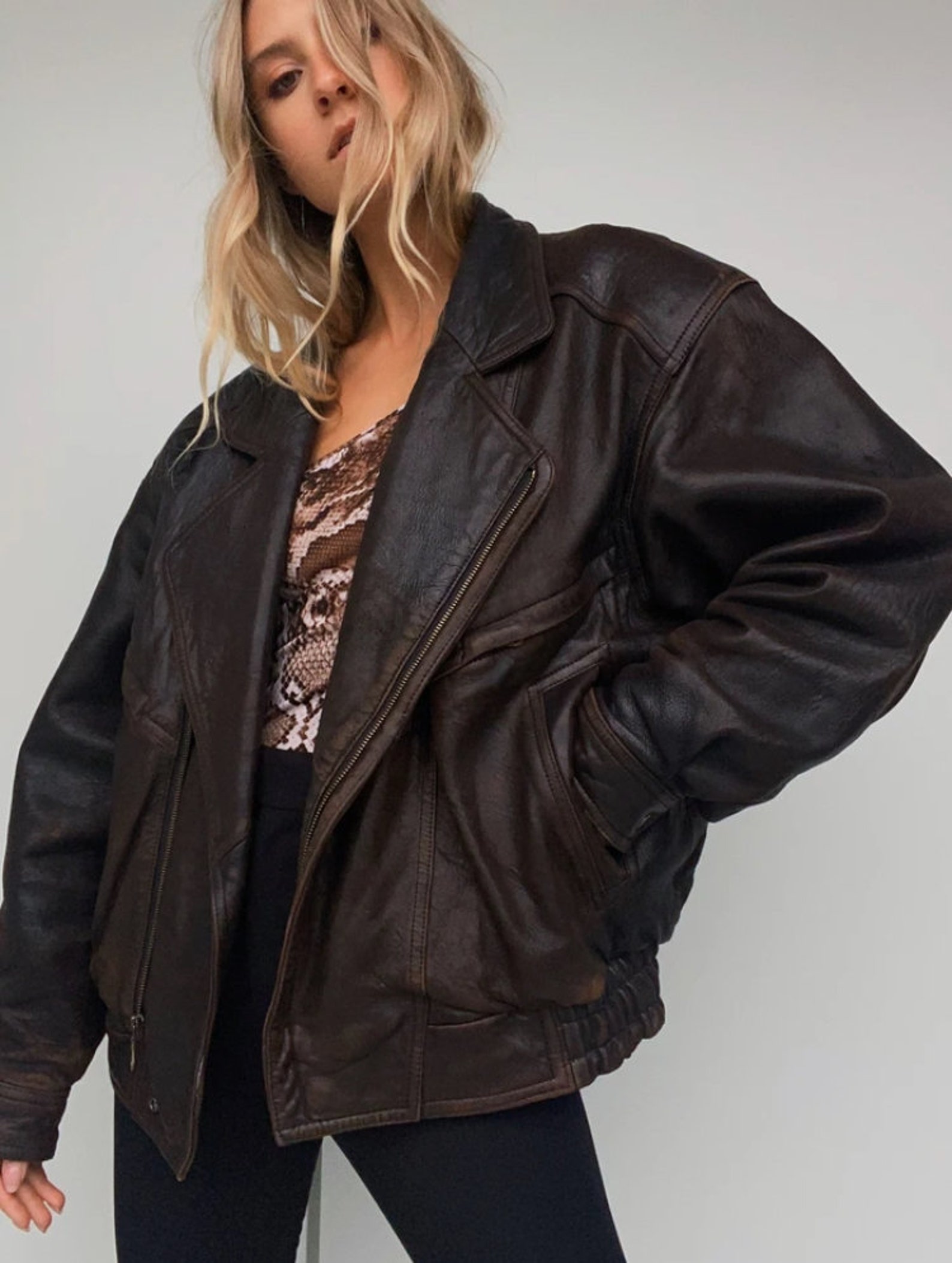 Vintage leren jas vintage jas oversized leren jas bruin Etsy