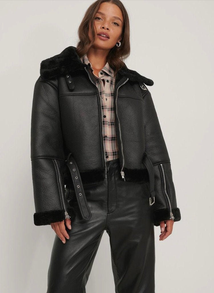 Black Leather Aviator Jacket Black 