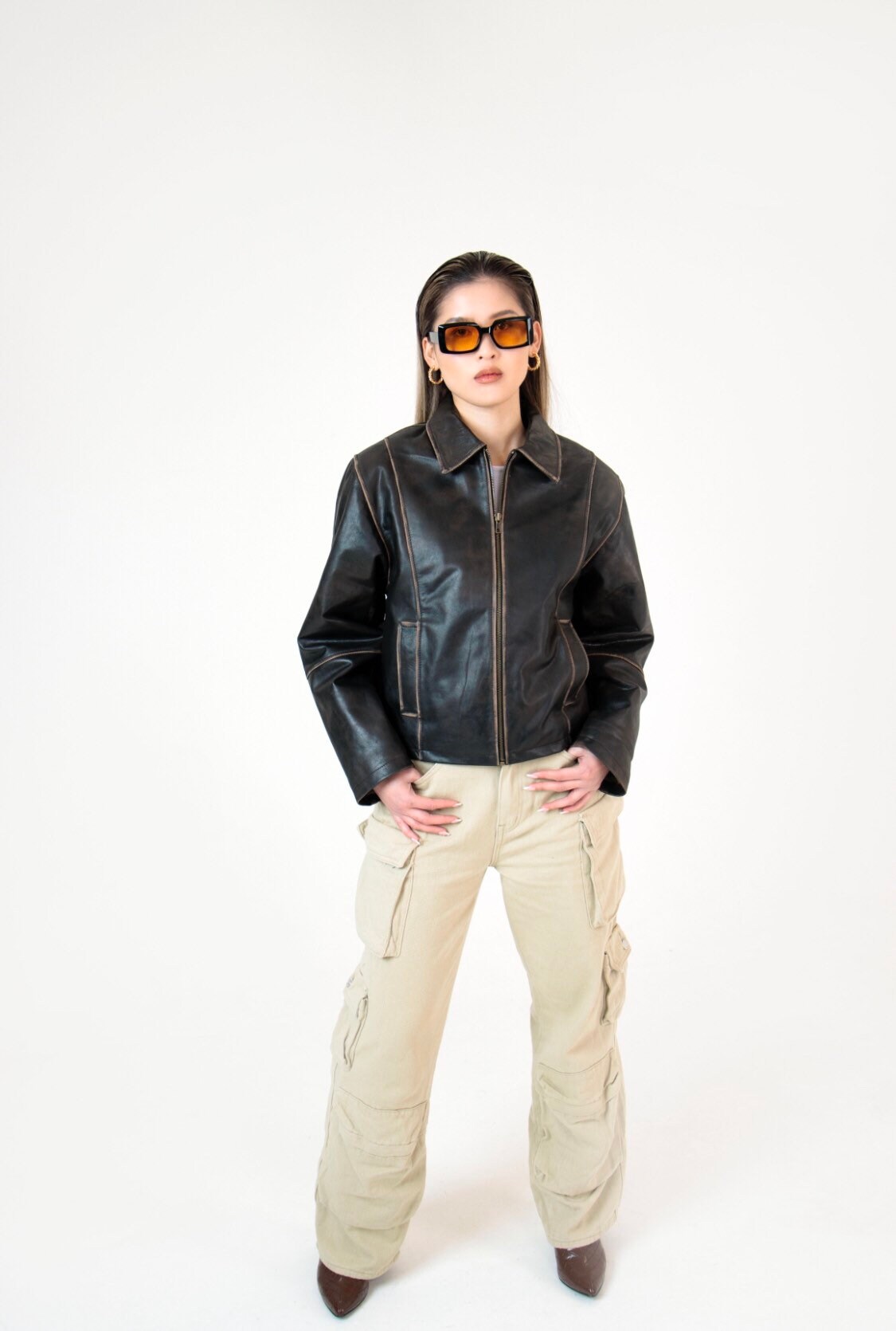 90's Distressed Brown Leather Jacket, Vintage Oversized Boxy 90's Distressed Brown Leather Jacket, Vintage Oversized Boxy