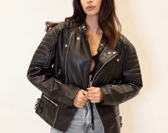 90s Retro Leather Jacket, Y2K Racer Leather Jacket, Oversized Biker Jacket, 90s Vintage Leather Jacket, Gift for Her