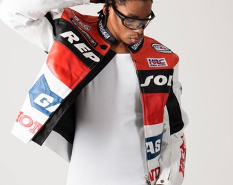 Racer Leather Jacket, Y2K Leather Jacket, NASCAR Leather Jacket