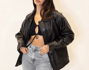 Women 90's Fashion Leather Jacket Vintage Leather Oversized Bomber  Jacket Outfit