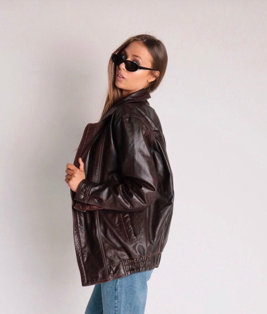 90s Leather Jacket, Retro Brown Leather Jacket, Vintage Leather 