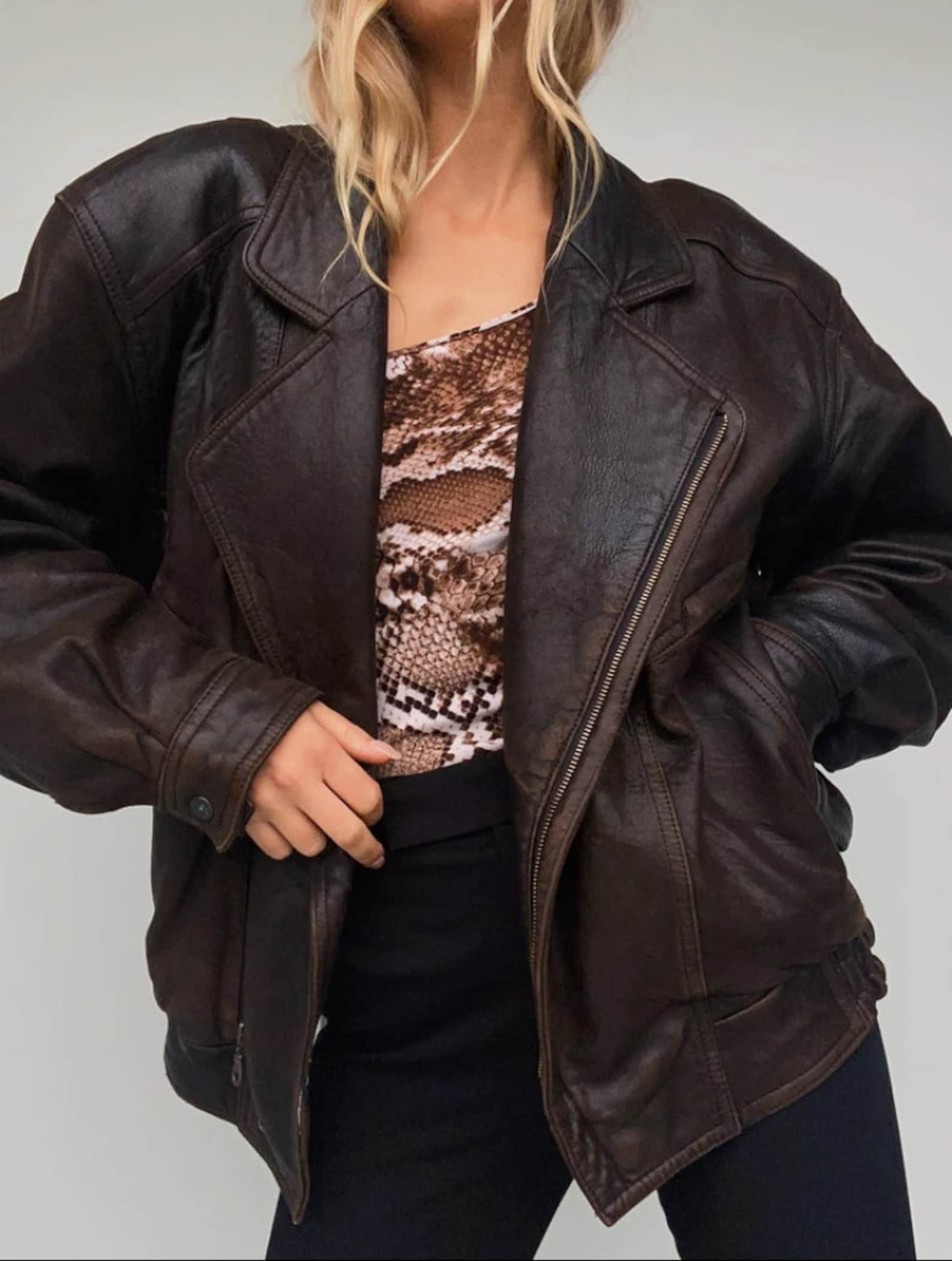 Vintage leren jas vintage jas oversized leren jas bruin Etsy
