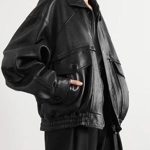 90s Oversized Black Sheepskin Leather Bomber Jacket Women's