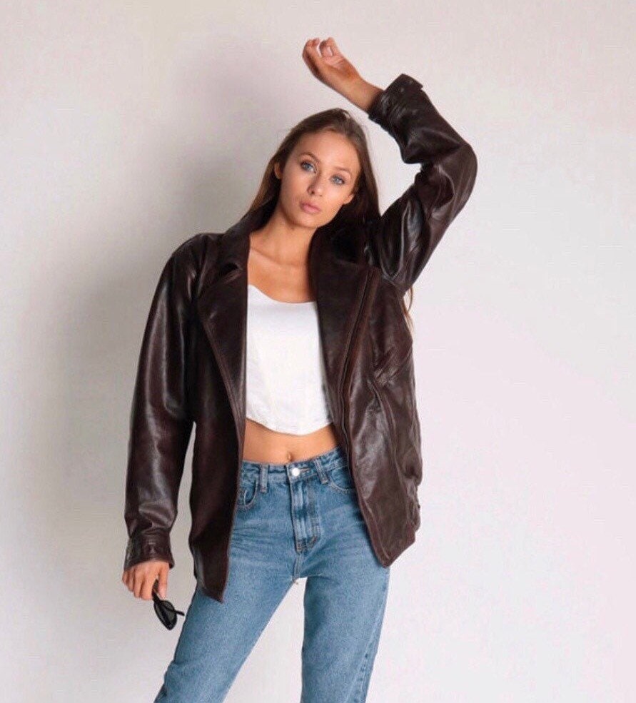 90s Leather Jacket, Retro Brown Leather Jacket, Vintage Leather 