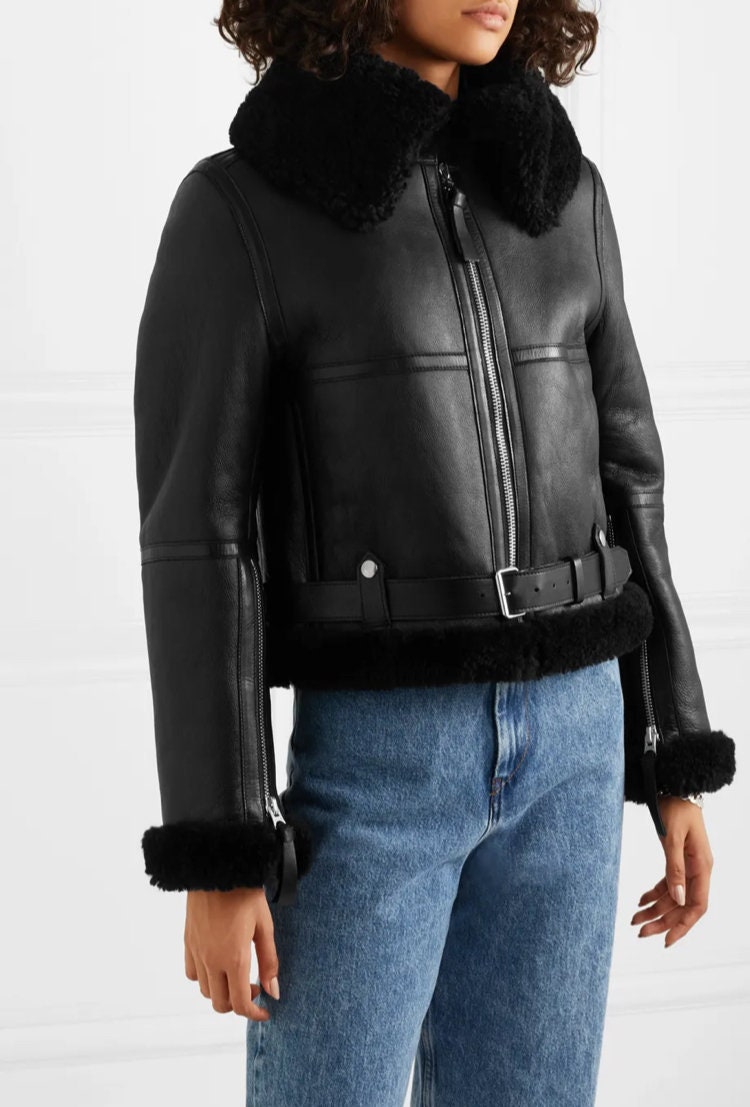 Aviator Cropped Shearling Leather Jacket Cropped Leather - Etsy