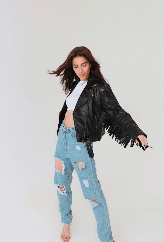 Moto Leather Jacket, Fringe Leather Jacket, Cropped Biker Jacket