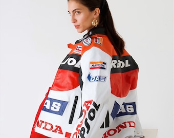 オーバーサイズ レトロ ジャケット、レーサー レザー ジャケット、Y2K