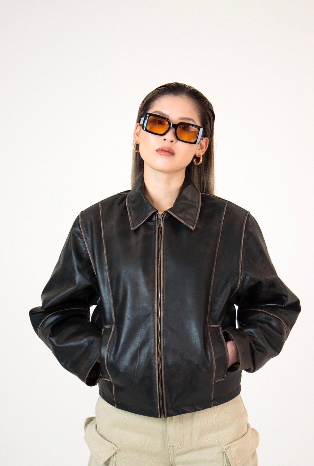 90's Distressed Brown Leather Jacket, Vintage Oversized Boxy 90's Distressed Brown Leather Jacket, Vintage Oversized Boxy