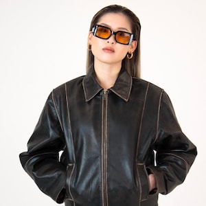 90’s Distressed Brown Leather Jacket, Vintage Oversized Boxy Leather Jacket, Vintage Distressed Leather Jacket, Gift for Her