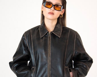90er Jahre Distressed Braune Lederjacke, Vintage Oversized Boxy Lederjacke, Vintage Distressed Lederjacke, Geschenk für Sie