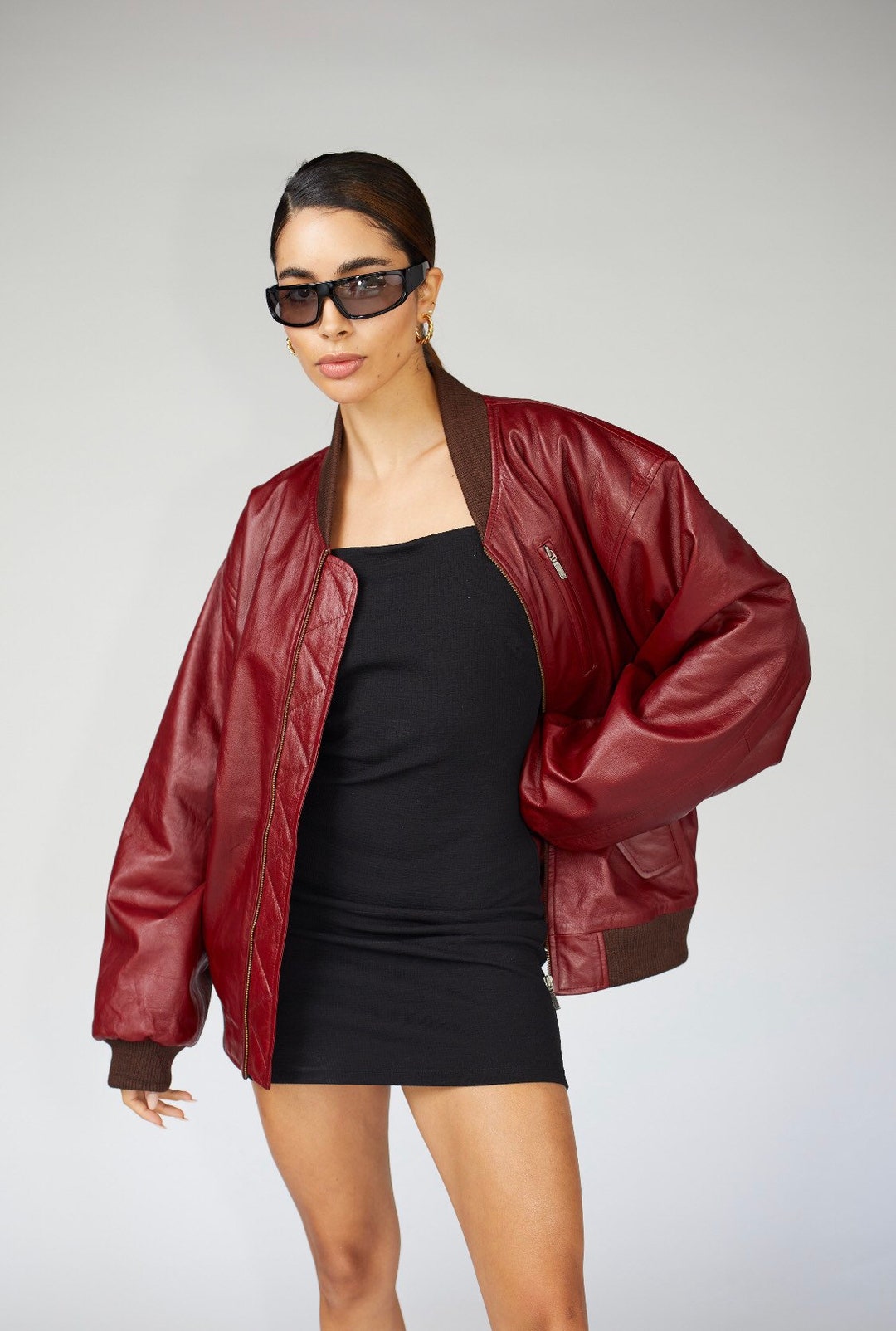 Vintage Leather Bomber Jacket Red Bomber Jacket Oversized - Etsy