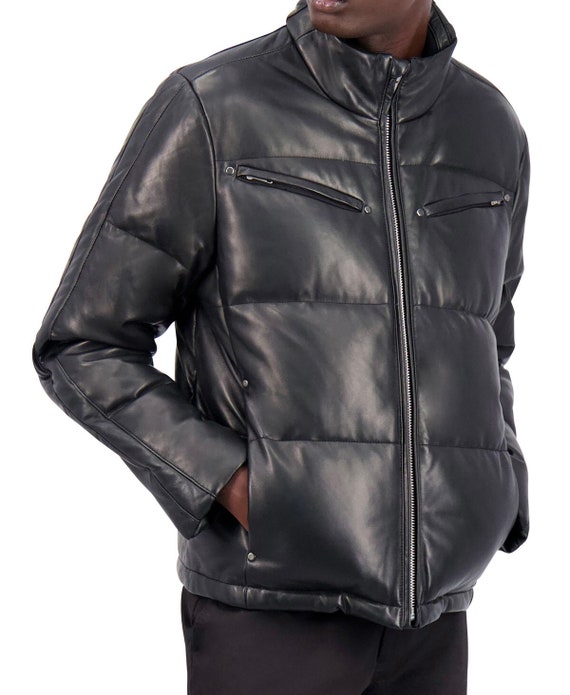 Men's Leather Puffer Jacket, Lambskin Leather Puffer Jacket, Puffer Jacket