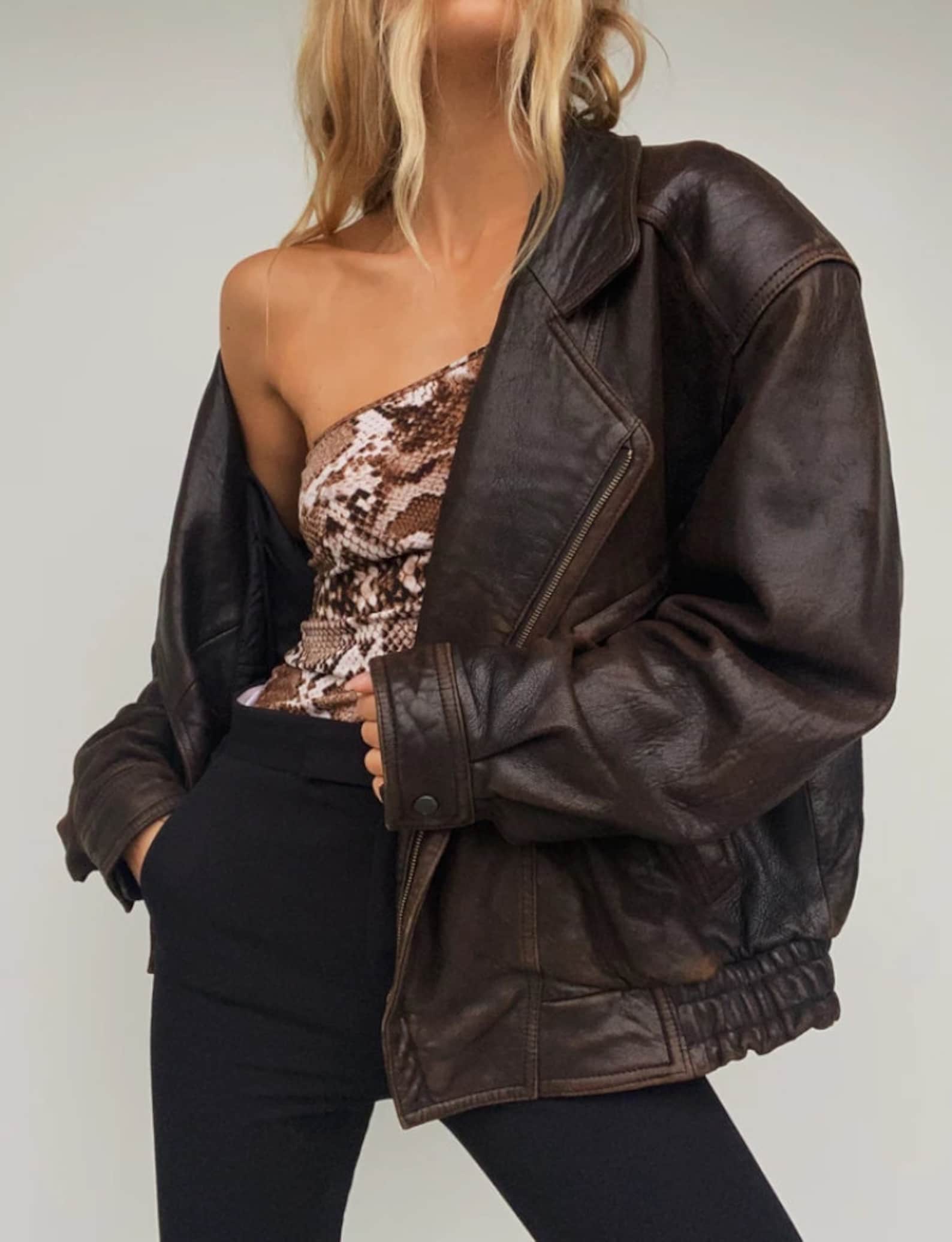 Vintage leren jas vintage jas oversized leren jas bruin Etsy