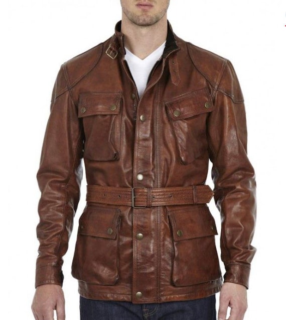 mid length brown leather jacket