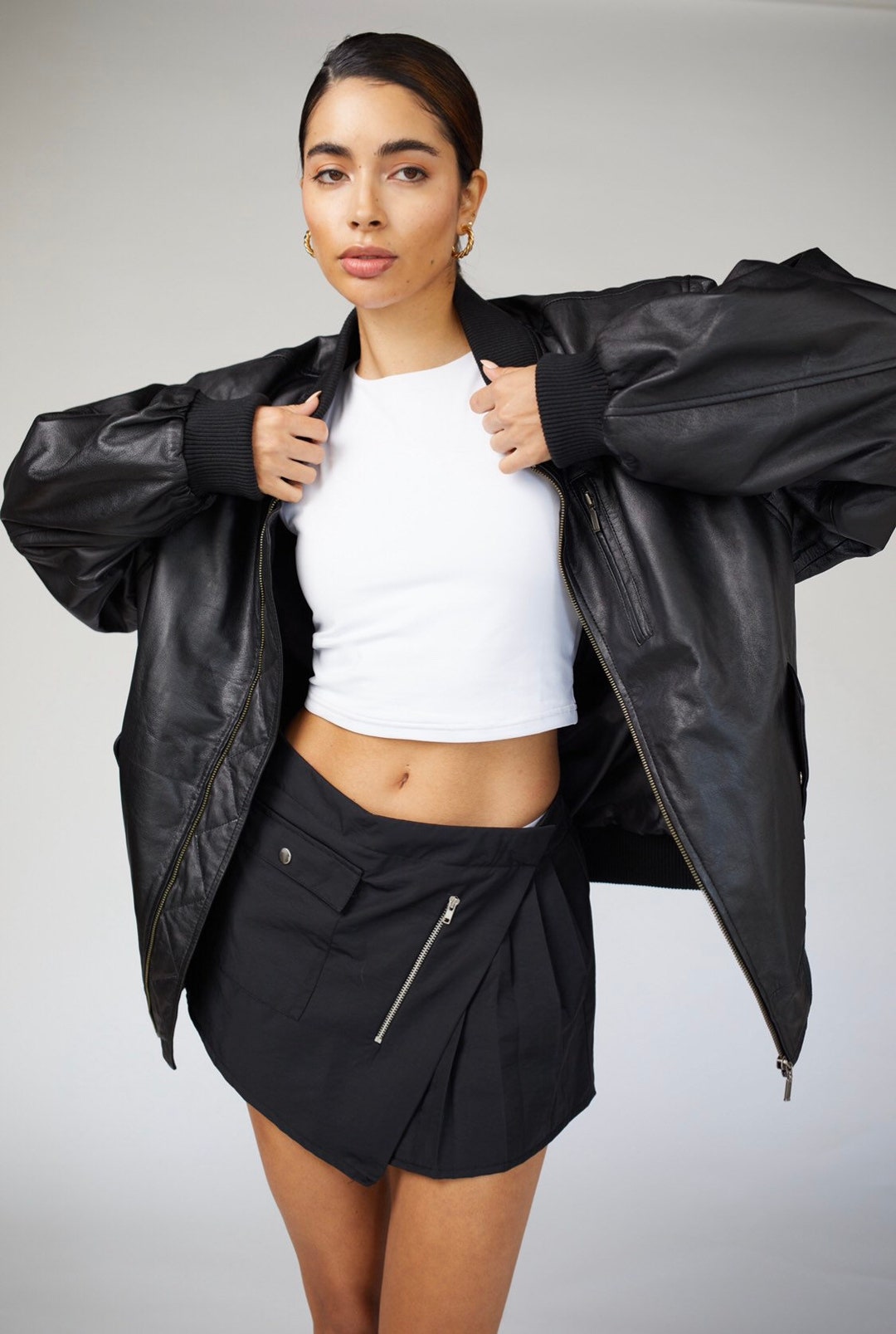 Vintage Leather Bomber Jacket, Y2K Oversized Bomber Jacket