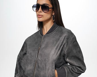 80s Leather Grunge Jacket, Vintage Crop Bomber Jacket in