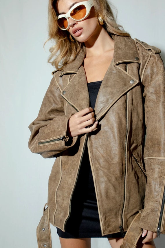 【冬バーゲン★】 Brown Oversized Biker Leather Jacket, Women's Leather Biker Jacket Outer