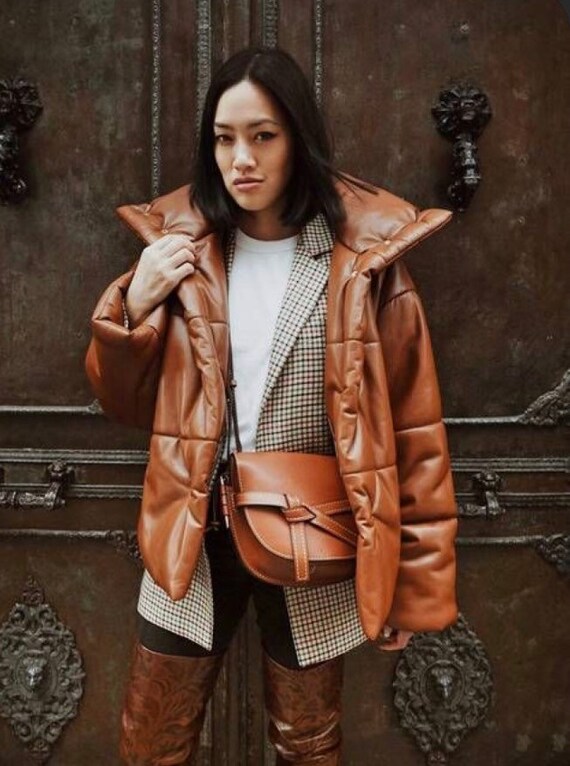 Chaqueta de cuero marrón Puffer chaqueta de cuero inflador | Etsy México