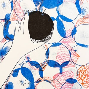 Picking Apples Risograph A4 print, Fluoro Prink Blue and Black, Colourful Bright Wall Art Gallery Wall Food Print image 2