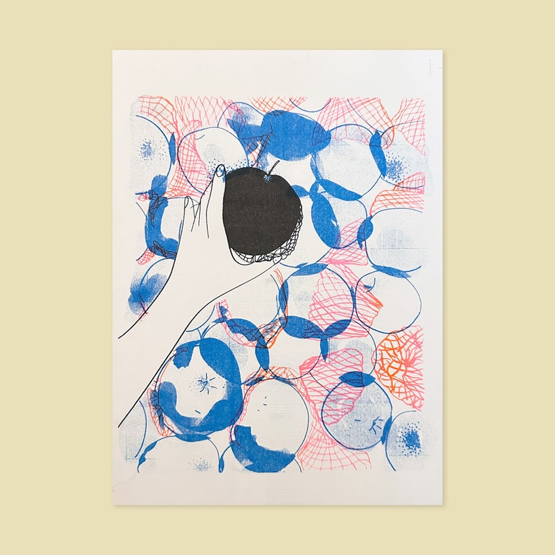 Picking Apples Risograph A4 print, Fluoro Prink Blue and Black, Colourful Bright Wall Art Gallery Wall Food Print image 1