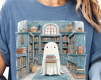Librarian Ghost Comfort Colors® T-shirt for Bookish Girlies, Book Lover Gifts, Bookish Tee, Halloween Ghost T-shirts, Halloween T-shirt