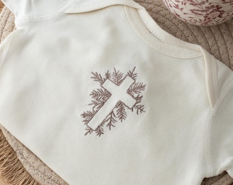 Embroidered Christian Baby Onesie: Floral Cross Easter Bodysuit for Baby, First Easter Bodysuit