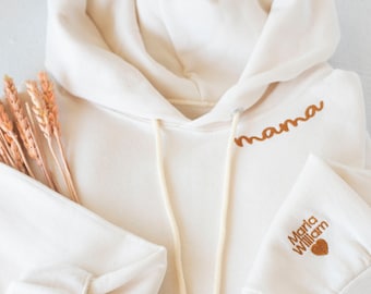 Custom Collar and Sleeve Embroidered Hoodie, Embroidered Mom mama Grandmother Hoodie with Kids Names Kids Names, Personalized Embroidered