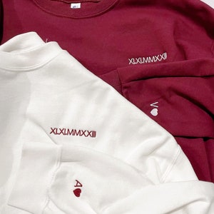 Custom Embroidered Roman Numeral Crewneck Sweatshirt, Couples Gifts Anniversary Gifts, Sleeve Embroidered Couples Sweatshirts ROP97C