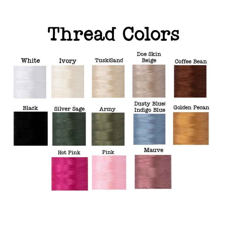 a collection of twelve different thread colors, each with a unique color and description.
