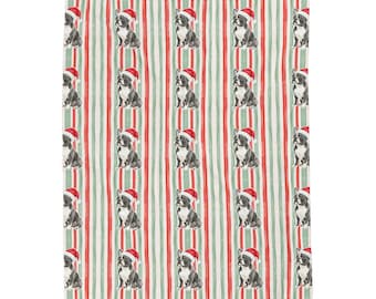 French Bulldog Christmas Velveteen Plush Blanket, Red Sage Stripes, Santa Dog Throw