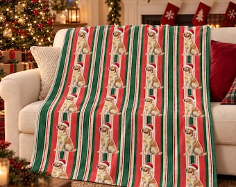 Yellow Labrador Christmas Velveteen Plush Blanket, Classic Red Green Stripes, Santa Dog Throw